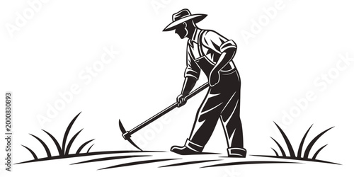 Farmer working the field with a hoe graphic illustration agriculture cultivation gardening illustration monochrome silhouette isolated