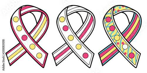 Set of three decorative awareness ribbons with colorful patterns and circles awareness decorative colorful illustration philanthropy campaign education solidarity movement collection