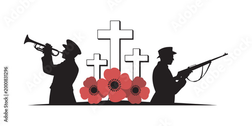 Remembrance day illustration, soldiers silhouette with bugle and rifle, red poppy flowers symbol, solemn tribute concept, memorial theme, clean vector design