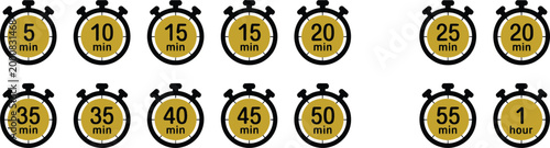 Set of timer and stopwatch icons kitchen timer icon with different time durations cooking timing symbols and labels vector illustration concept