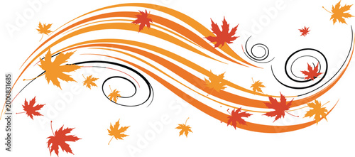 Professional vector illustration of colorful autumn maple leaves blowing in the wind with decorative orange and black swirls.