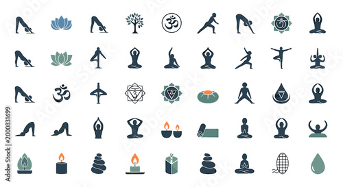 Collection of Yoga Poses Icons and Symbols including Lotus Flower Om Tree and Meditation Figures