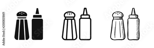 Restaurant Condiments Salt Shaker and Sauce Bottle Icon Set for Food and Dining