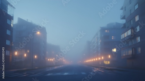 Empty city street with buildings and soft fog at dawn. AI-generated.