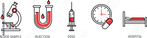 Medical Icon Set for Blood Sample, Injection, Dose, and Hospital in Healthcare, Treatment, and Medical Applications