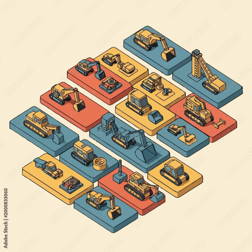 Obraz premium Isometric illustration of various construction vehicles and heavy machinery displayed on platforms.