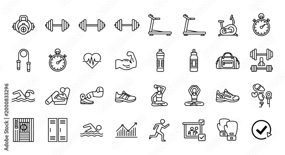 Fototapeta premium Fitness and Sport Icons Set Vector Collection Kettlebell Dumbbell Treadmill Exercise Bike Stopwatch Jump Rope Stopwatch Heart Health