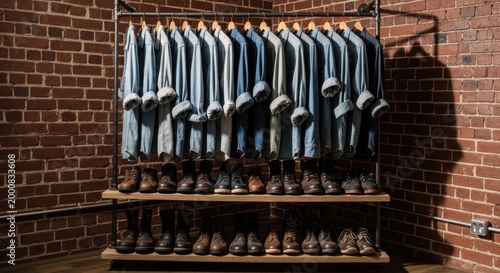 Industrial Pipe Rack Showcasing Rows of Denim Shirts and Assorted Footwear on Shelves