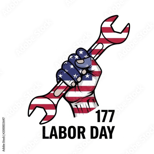 American labor day illustration featuring a strong hand holding a wrench with the united states flag pattern design