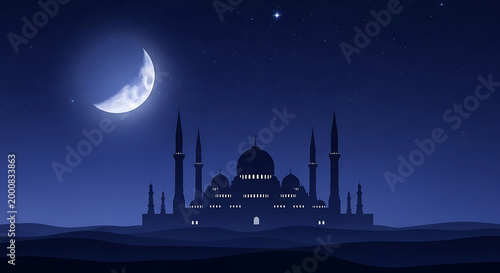 Majestic mosque silhouette illuminated by a crescent moon and stars across a serene desert scene at night