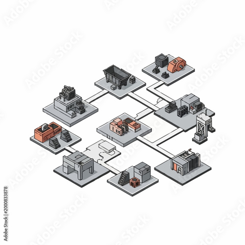 Isometric diagram illustrating a mining and industrial process flow with various machinery and raw materials.