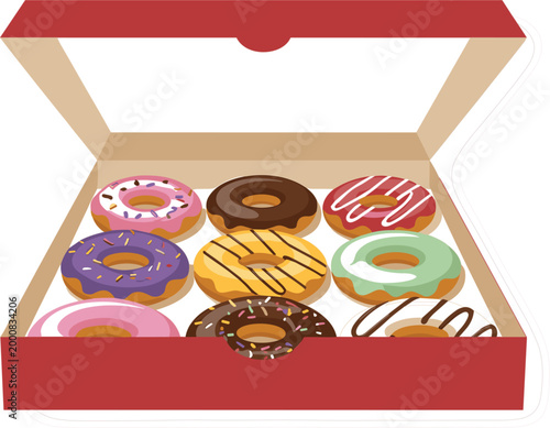 Professional vector illustration of an open red cardboard box containing nine assorted glazed donuts with various toppings, drizzles, and sprinkles.