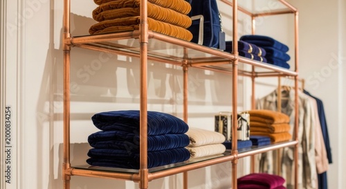 Luxurious velvet textiles neatly stacked on elegant copper pipe shelving in a retail display