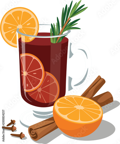 Professional vector illustration of a glass mug filled with mulled wine, garnished with orange slices, a cinnamon stick, rosemary, and cloves.