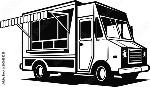 Professional black and white vector illustration of a modern food truck with an open service window and striped awning, isolated on white.