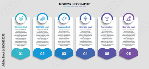	
Infographic design business template with 6 options, steps. Can be used for workflow layout, diagram, annual report, web design
