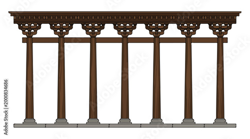 Traditional wooden pavilion with intricate carved lattice roof and ornate pillars on stone base