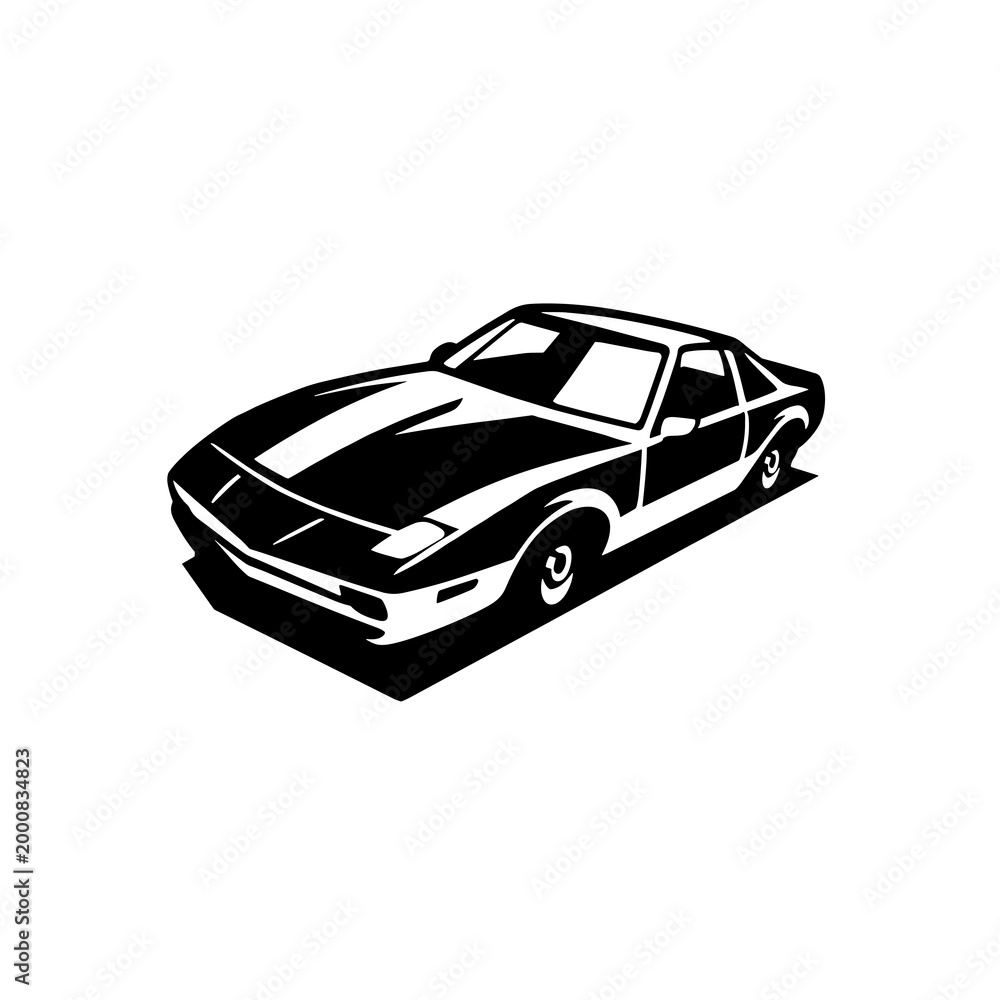 Obraz premium Vintage sports car vector illustration, classic retro exotic coupe top perspective silhouette, black and white automotive graphic for garage t-shirt and poster design