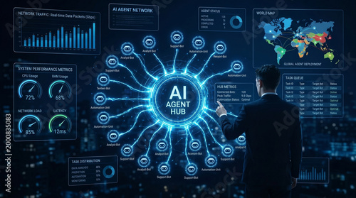 Fotografia AI Agent Hub Network Dashboard Business Executive Technology Management Concept