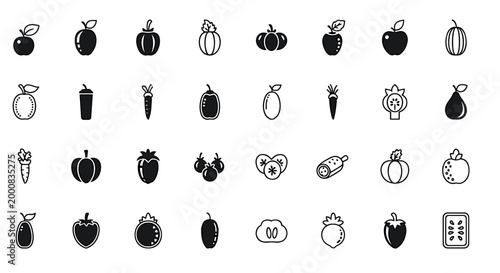 Vibrant Assortment of Fresh Fruits and Vegetables Icons Set, Featuring Apples, Pumpkins, Carrots, Tomatoes, Pears, and More Healthy Food Options
