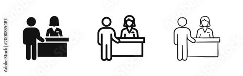 Reception Desk Counter Icon Set with Staff and Customer in Three Styles