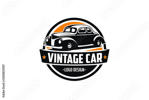 Vintage classic car logo vector illustration, retro antique automobile badge emblem with orange circle background for garage branding and t-shirt design