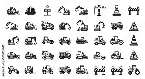 Collection of Construction Equipment Icons, Including Excavators, Bulldozers, Cranes, Cement Mixers, and Road Rollers
