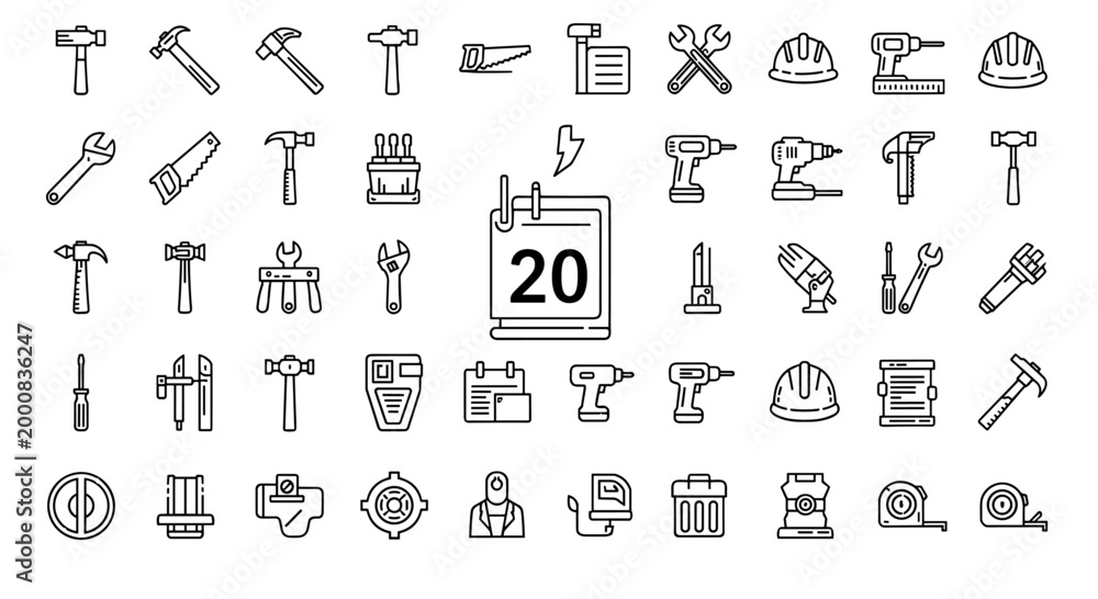 Fototapeta premium Collection of construction tools and equipment icons, including hammers, drills, wrenches, and safety helmets, presented in a clean outline style.