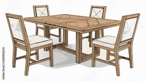 Dining table with four wooden chairs.