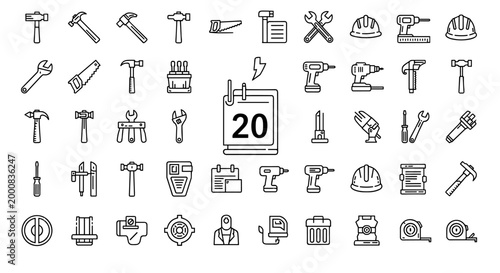 Collection of construction tools and equipment icons, including hammers, drills, wrenches, and safety helmets, presented in a clean outline style.