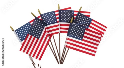 A group of small american flags arranged in a fan shape to celebrate national holidays and patriotic events