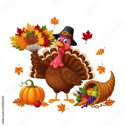 Cute cartoon thanksgiving turkey wearing a pilgrim hat holding autumn leaves with pumpkin and cornucopia harvest