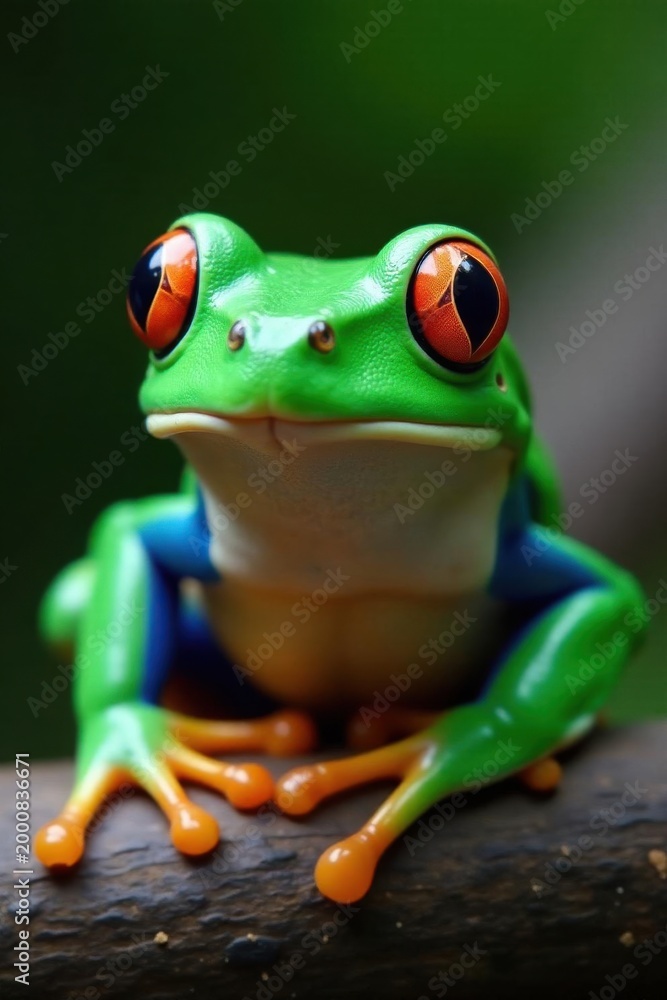 Obraz premium Vibrant green & blue frog, tongue extended, macro shot, tropical, blue frog