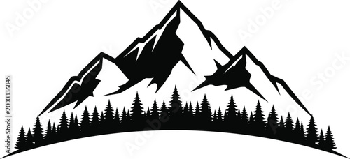 A majestic mountain range silhouette with a dense pine forest evergreen tree line in a minimalist black and white vector style for commercial nature-themed design projects.