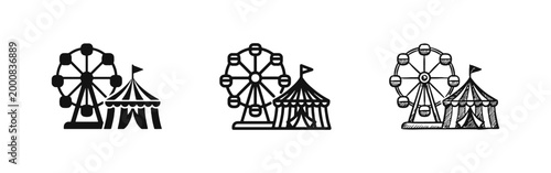 Carnival Circus Amusement Park Icon Set with Ferris Wheel and Tent