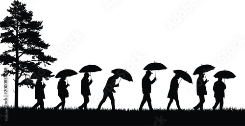 Black silhouette vector illustration of a row of people walking with umbrellas on a rainy day past a pine tree for autumn weather concepts.