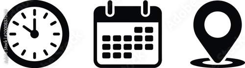 Time date and location icon set simple illustration of clock calendar and address pin marker for scheduling and business planning vector design