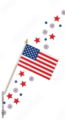 American flag waving on a pole surrounded by decorative red stars and circular patterns for patriotic design