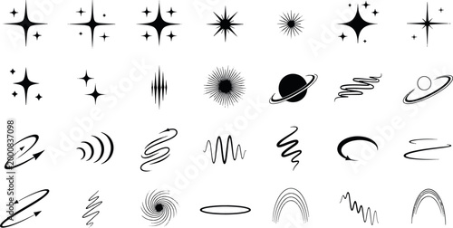 Collection of minimalist celestial sparkles shining stars planets orbital swirls and abstract cosmic elements for creative modern graphic design projects vector illustration