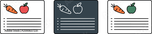 Minimalist recipe card icon set featuring carrot and apple illustrations in outline and flat styles for healthy cooking blogs and digital meal planning app interface design vector
