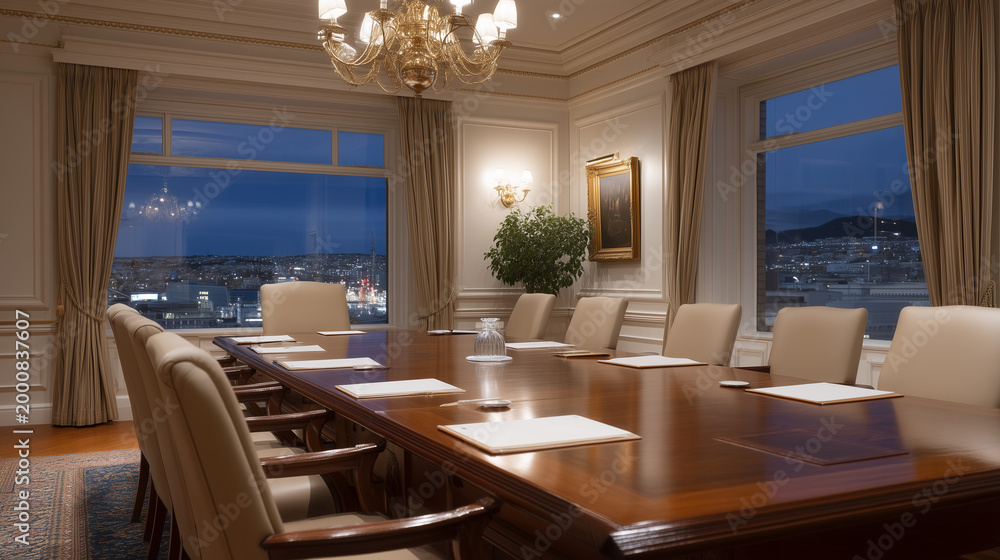 Fototapeta premium Board meeting chairperson calls governance session to order before assembled directors, printed agenda binders open around polished mahogany table, evening city lights beginning to appear through bo