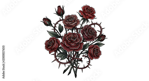 elegant bouquet of deep red roses with thorns isolated on transparent background