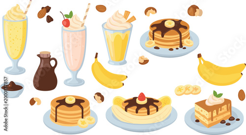 Banana Dessert and Breakfast Vector Set Featuring Pancakes with Chocolate Syrup, Milkshakes, Banana Splits, and Cake Slices for Cafe Menus and Food Blog Graphics