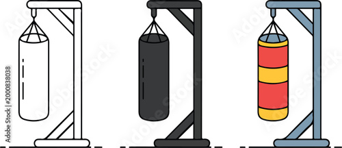 Heavy boxing punching bag set on metal stands in outline black and red colors for gym fitness training and combat sports flat vector illustration