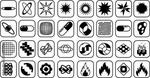 Collection of abstract geometric icons and brutalist graphic elements featuring stars capsules flames and futuristic shapes for modern digital design vector illustration