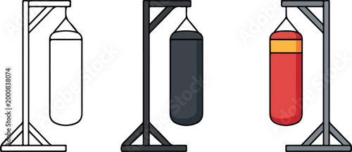 Heavy boxing punching bag set on metal stands in outline black and red colors for gym fitness training and combat sports flat vector illustration