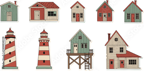 Collection of nautical coastal wooden houses beach huts and red lighthouses in a flat vintage Scandinavian architectural style vector illustration