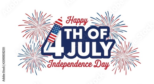 Happy 4th of july independence day greeting card design with patriotic rocket firework and colorful explosions
