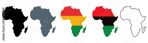 Set of African map silhouette, outline border, flat gray, Pan African flag colors, and political design.
