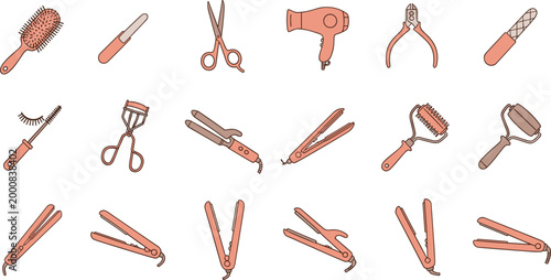 Professional Hair Styling and Beauty Salon Tool Vector Set Featuring Scissors Hair Dryer Straightener Brush and Curler Icons for Barber Shop and Spa Branding